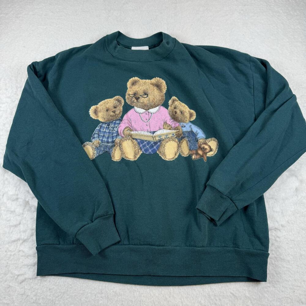 DECOTEX Sweatshirt Womens Size XL Green Teddy Bear Family Graphic Pullover